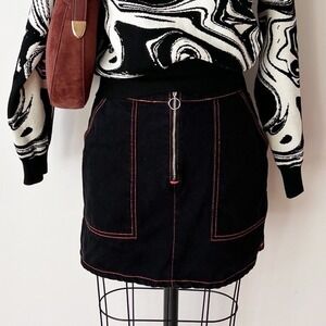 Denim Co Black Mini Skirt Red Contrast Stitching O-Ring Zip Utility Sz 6